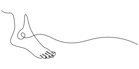 Continuous one line art drawing of bare foot in simple style and outline vector art illustration, Barefoot human footprint drawn in one continuous editable line. Diagonal track of barefoot footprint.