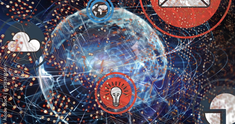 Poster image of integrated circuit and tech icons over globe with connections and black background