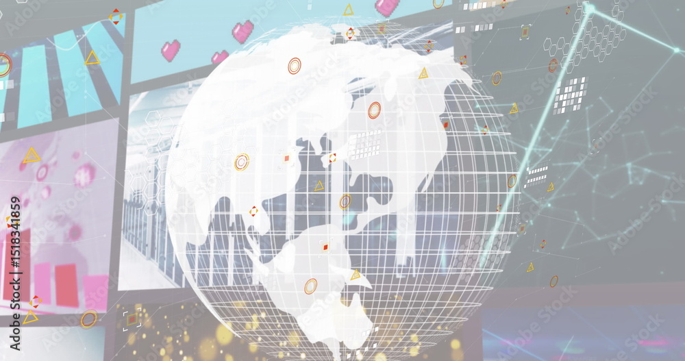 Poster image of globe, and data processing on digital screens