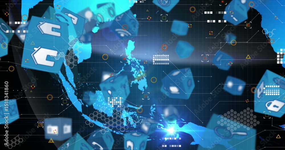 Poster image of cubes with tech icons over globe on black background