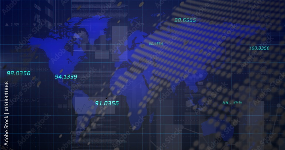 Poster image of financial graphs and data over world map on navy background