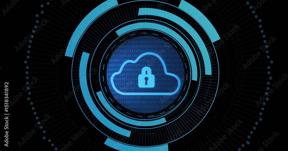 Aufkleber image of digital cloud with padlock in processing circle on black background