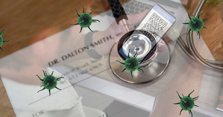 Image of green cells over stethoscope, documents and man with smartphone with covid passport
