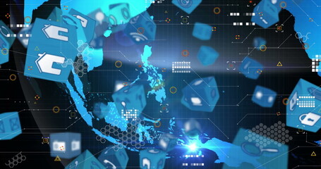 Image of cubes with tech icons over globe on black background