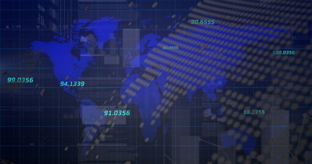 Image of financial graphs and data over world map on navy background
