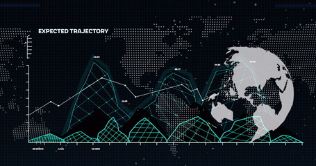 Image of financial graphs, globe, world map and data over black background