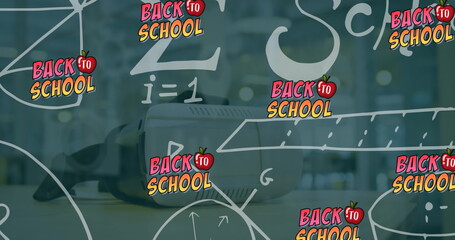 Image of back to school and math formulas over vr headset