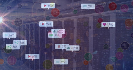 Image of network of connections with social media icons and numbers over globe and cityscape