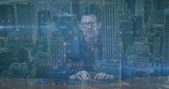Image of online security warning text over asian man typing on keyboard and cityscape