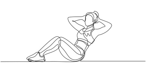Young female working with fitness ball, One continuous line drawing of young sporty woman working out lying sit up on the floor in fitness gym club center. Healthy fitness sport concept. Dynamic