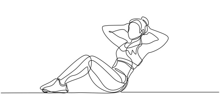 Young female working with fitness ball, One continuous line drawing of young sporty woman working out lying sit up on the floor in fitness gym club center. Healthy fitness sport concept. Dynamic