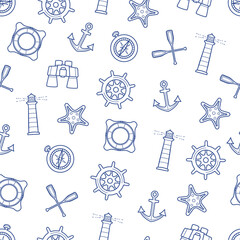 Nautical Vector Seamless Pattern of Icons in Outline Style Including Compass, Wheel, Lifebuoy, Anchor, Lighthouse and Starfish