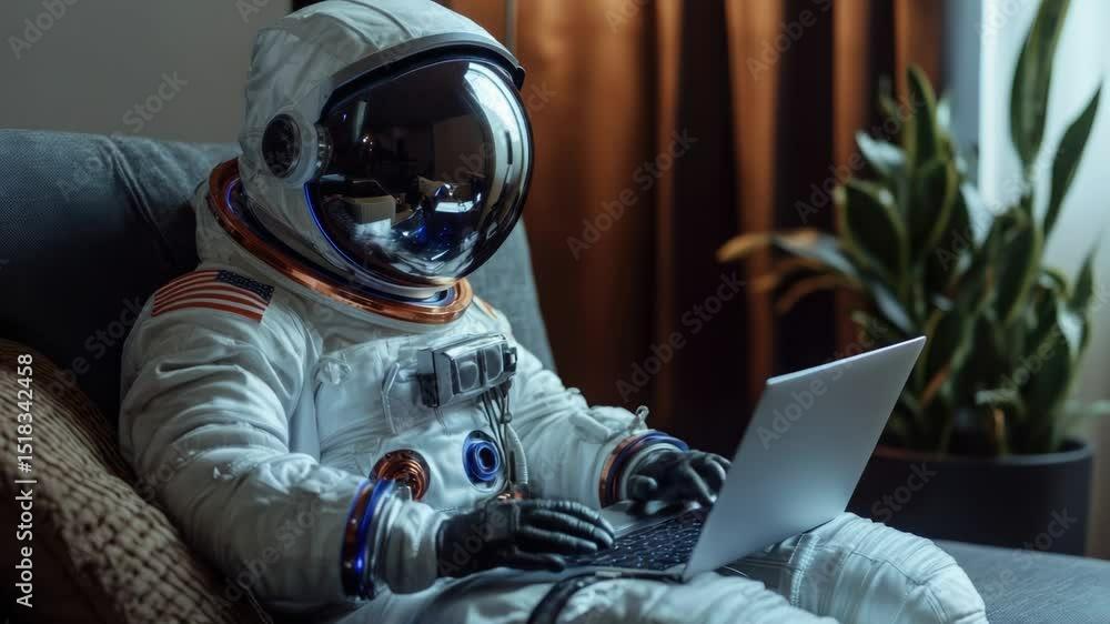 Poster an astronaut sitting on a couch using a laptop
