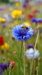 Tight macro shot of a wildflower meadow, focus on one blue cornflower with a honeybee