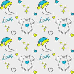 Naklejka premium Cute seamless vector pattern for New Year with baby bodysuits, crescent moons in Santa hats, hearts, stars, and the word “Love.” Ideal for holiday baby products.