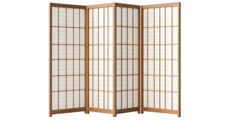 Light-brown wooden room divider with white panels