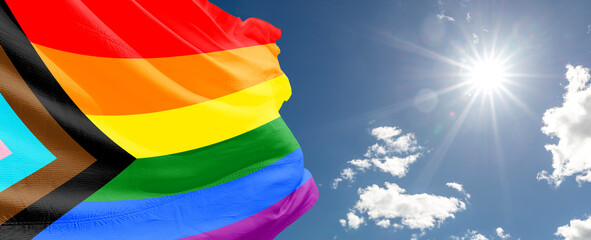 rainbow flags in the sky Pride Celebration Background for Pride The power. Pride. Goal.LGBTQ communities.	
