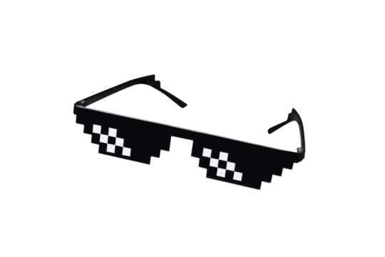 Real 3d pixel art thug glasses like design vector illustration isolated on transparent png background. Mock up template.