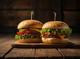 Two juicy cheeseburgers on rustic wooden board