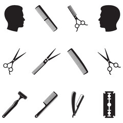 Obraz premium Premium Barber Shop Tools Vector Collection – Scissors, Combs, Razors & Spray Bottles in Silhouette Style . Thank You .