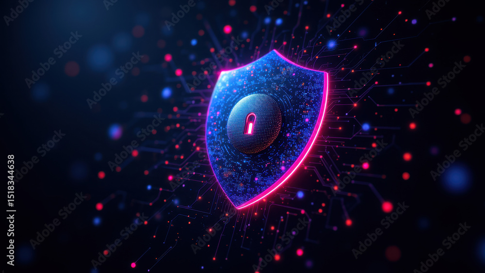 Poster a futuristic graphic design featuring a shield symbol with digital particles and an interconnected n
