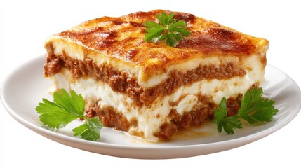 Delicious slice of lasagna bolognese resting on white plate garnished with parsley