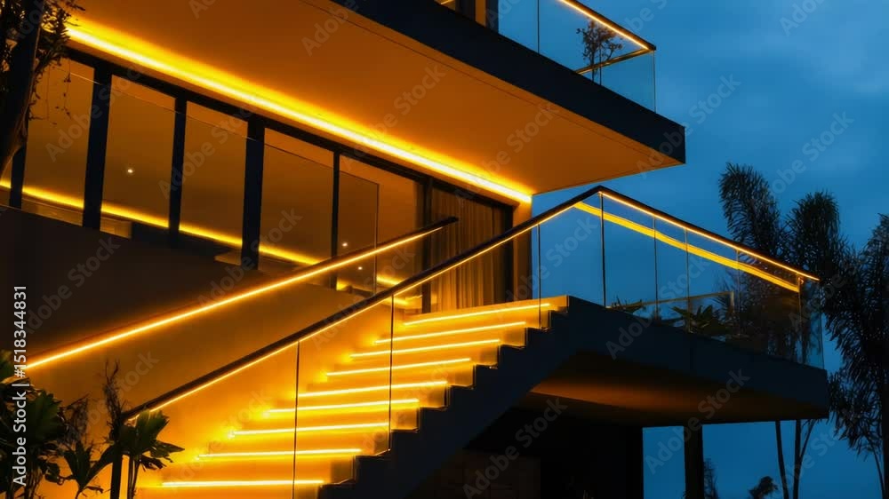 Poster a modern staircase leads to a building with a transparent glass railing, providing a clear view of t
