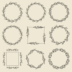 Collection of floral frames with silhouettes of branches, leaves and flowers. Hand drawn elegant delicate botanical borders and wreaths. Vector isolated elements for wedding invitation, card, logo