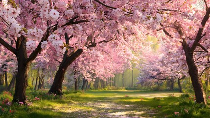 Fototapeta premium Beautiful landscape of cherry blossom park during spring morning