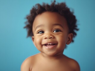 Happy child portrait. Little african american kid boy on blue background 