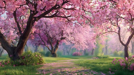 Beautiful landscape of cherry blossom park during spring morning