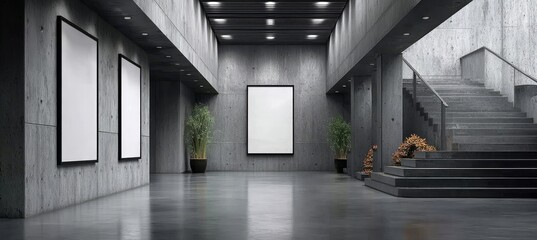 Modern Gallery Interior Mockup Featuring Concrete Walls, Framed Posters, and Indoor Plants, Stairs