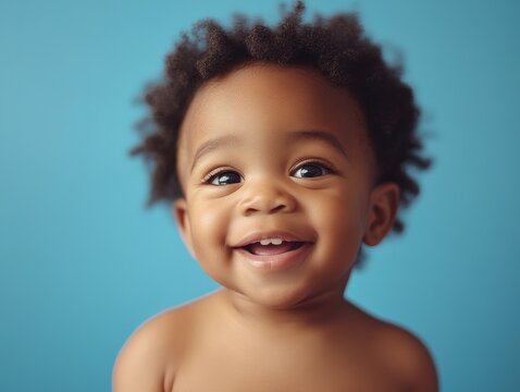 Happy child portrait. Little african american kid boy on blue background 