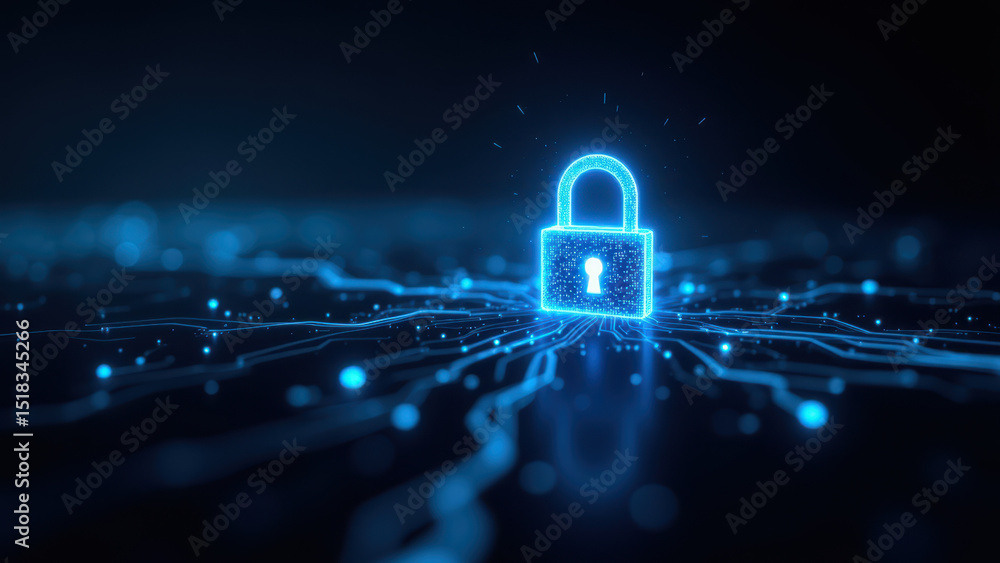 Poster a digital lock symbol on a network background, representing internet security.