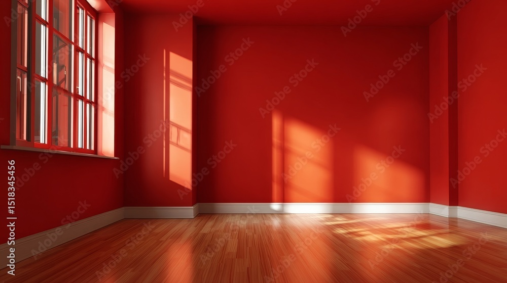 Poster bright and airy minimalist red room with wood floor and large window creating beautiful patterns