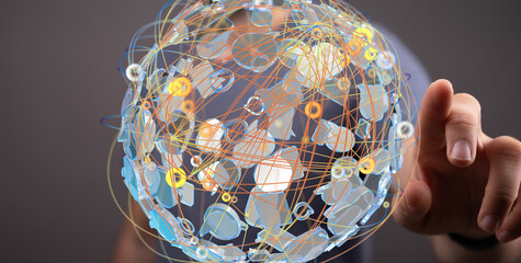 Abstract image of a person interacting with a digital global network.  Perfect for technology,...