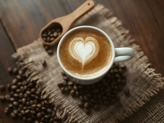 Heart Latte Art in Cup of Coffee with Beans on Rustic Wooden Table