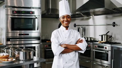 Confident african american female chef in modern kitchen: culinary mastery and professional cooking atmosphere