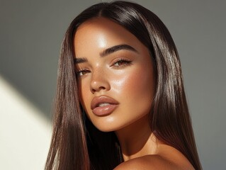 Naklejka premium Gorgeous model with sleek long shiny brown hair Keratin treatment care and spa for a sleek style