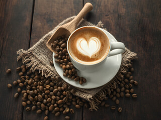 Heart Latte Art in Cup of Coffee with Beans on Rustic Wooden Table