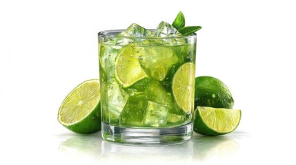 Refreshing lime cocktail with ice and mint in a glass