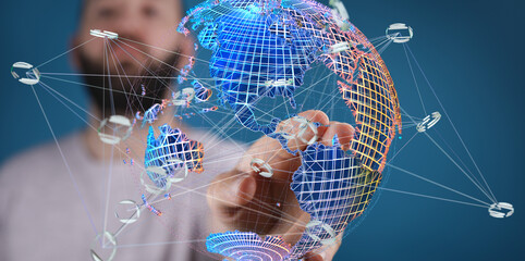 Abstract image of a man interacting with a digital global network.  Perfect for technology,...