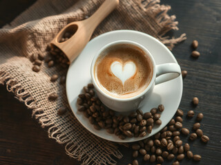 Heart Latte Art in Cup of Coffee with Beans on Rustic Wooden Table