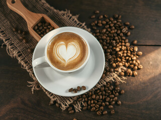 Heart Latte Art in Cup of Coffee with Beans on Rustic Wooden Table