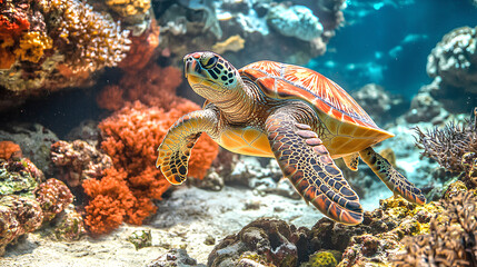 Obraz premium Green sea turtle Chelonia mydas swimming peacefully over vibrant coral reef in clear tropical ocean perfect for marine life conservation diving travel and underwater wildlife photography themes