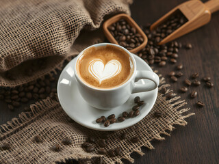 Heart Latte Art in Cup of Coffee with Beans on Rustic Wooden Table
