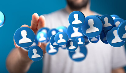 Hand interacting with digital profile icons, symbolizing online networking, social media, and...