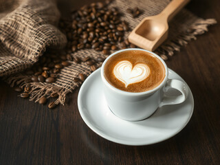 Heart Latte Art in Cup of Coffee with Beans on Rustic Wooden Table