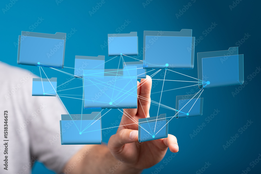 Poster hand interacting with a network of digital folders. cloud storage, data management.