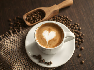 Heart Latte Art in Cup of Coffee with Beans on Rustic Wooden Table